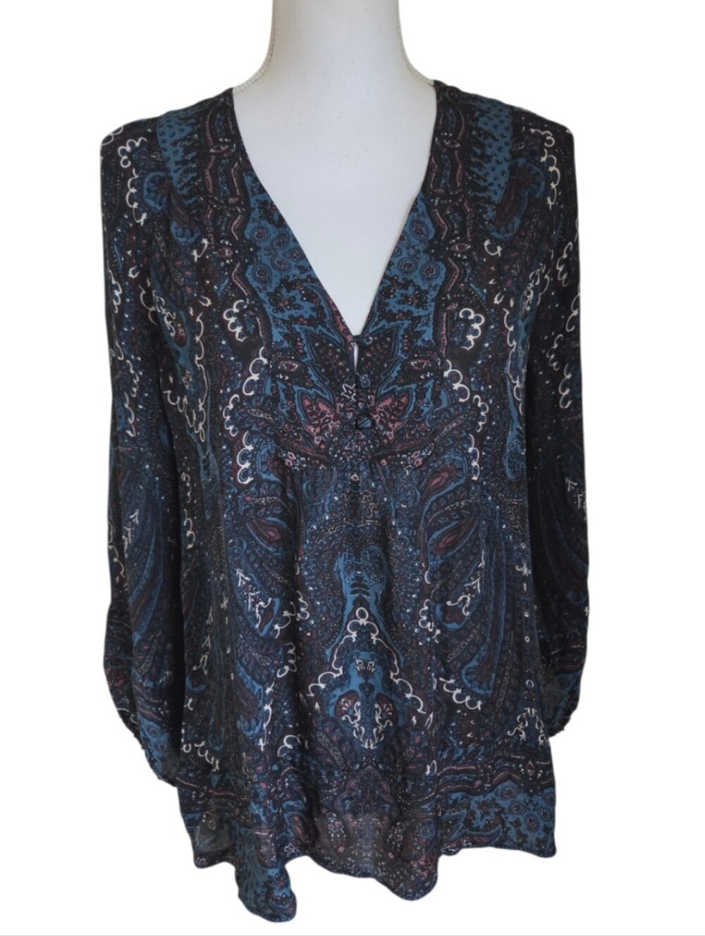joie 100% silk paisley blouse top teal burgundy navy blue v-neck small